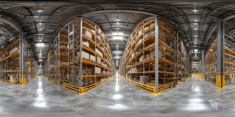 A high-quality, 360-degree photo of an empty warehouse or hangar. It's perfect for virtual reality or augmented reality projects.Warehouse with cardboard boxes inside on pallets racks, logistic .