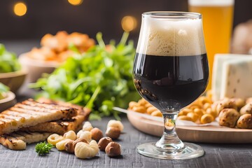 Rich Dark Beer in Glass Surrounded by Flavorful Food Spread