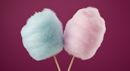 Close up of two cotton candy sticks one blue and one pink against a dark pink studio background