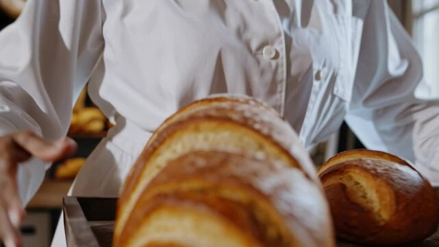 Baker organizing freshly baked bread loaves on rustic wooden shelves in cozy bakery