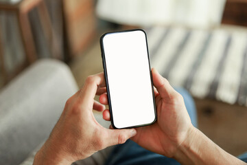 Mobile phone blank white screen mockup.texting using cell phone.background empty space for advertise.work people contact marketing business,technology