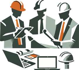 Construction team meeting and analyzing blueprints with digital technology for project planning
