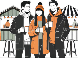 Three friends enjoying hot drinks together at a festive winter market in simple illustration