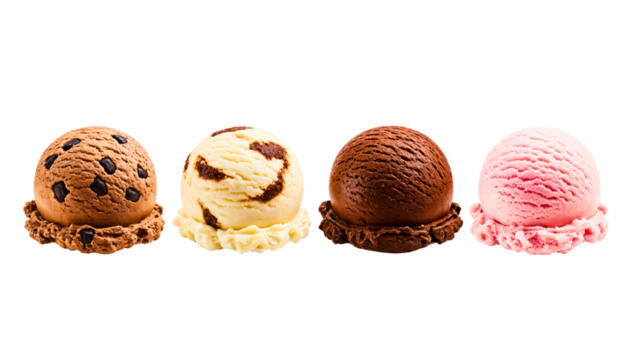 Four ice cream scoops with different flavors
