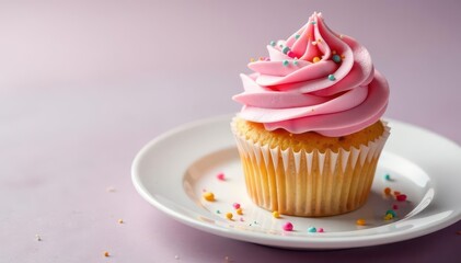 Delicate cupcake with swirled pink frosting and colorful sprinkles on a white plate, dessert decor, baking, pink cupcakes