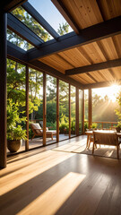 Passive solar house with large glass windows allowing sunlight to brighten interior and create warm, inviting atmosphere during sunset