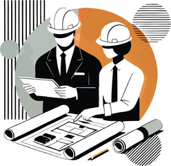 Architects in hard hats reviewing blueprints and discussing construction plans together