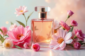 Elegant perfume bottle surrounded by colorful flowers on a soft white background, fragrance, perfumeries, luxury item