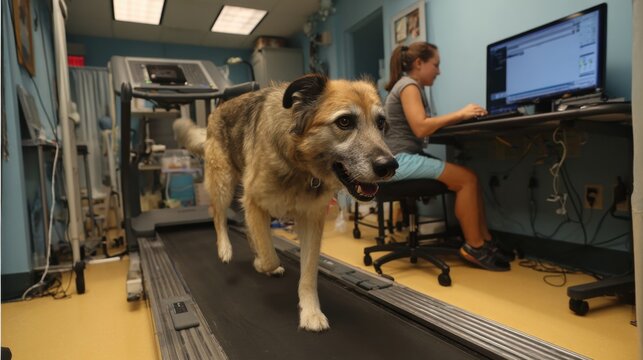 Dog Undergoing Rehabilitation on Treadmill With Veterinarian Assistance in a Clean Clinic Setting