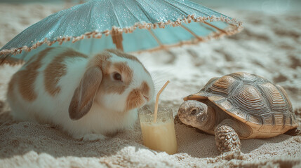 Rabbit and turtle are feeling content and relaxed, enjoying refreshing juice drink under beach umbrella on sandy beach, soaking in calming beach vibes