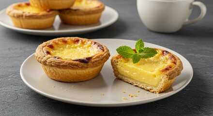 Close up of custard tarts on a plate with mint garnish and a cup in the background on gray surface