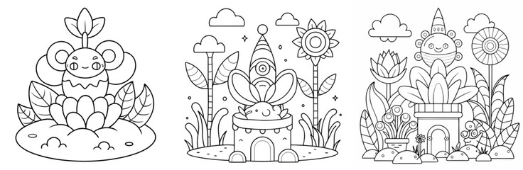 Naklejka premium Strange Garden Coloring Book Page - Outline Vector Line Art