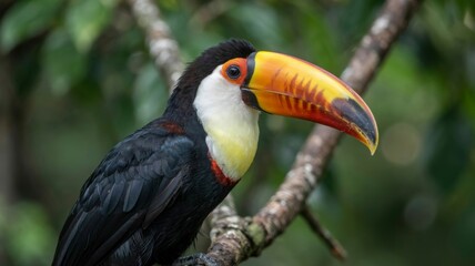 Vibrant toucan with large colorful beak perched on a tree branch in tropical forest