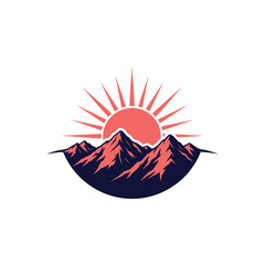 Obraz premium Minimal mountains with red sun rays, symbolizing outdoor travel, nature, and sunrise