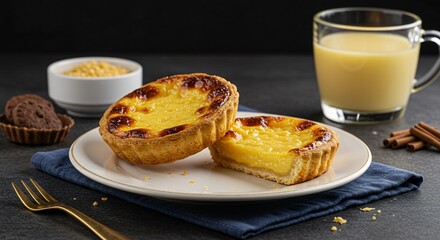Two pastel de nata on a plate with a drink and cookies on a dark background in a studio setting