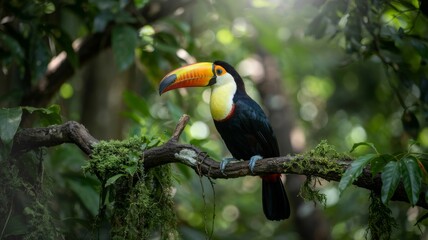 Vibrant toucan with large colorful beak perched on a mossy branch in a lush forest