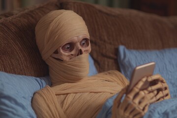 Mummy relaxing on a couch, checking phone during Day of the Dead festivities