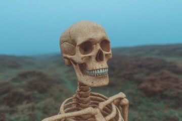 Whimsical skeleton in a foggy landscape for Day of the Dead