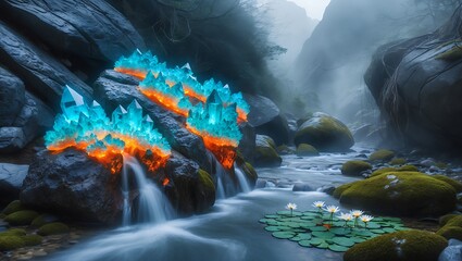 Glowing Crystals on Rocks Overlooking River with Lily Pads Scenery