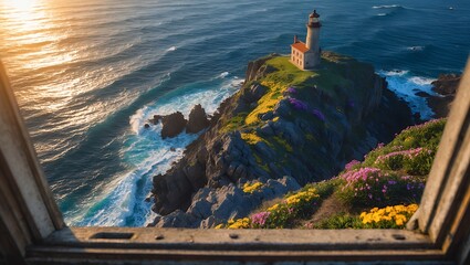 Lighthouse View from Window on Coastal Cliff with Ocean Waves