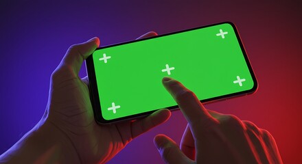 Close-up view of a person's hand in front of a cellphone and ready to click on it, with a green screen on the cellphone screen. Mock up of general information in lifestyle 3