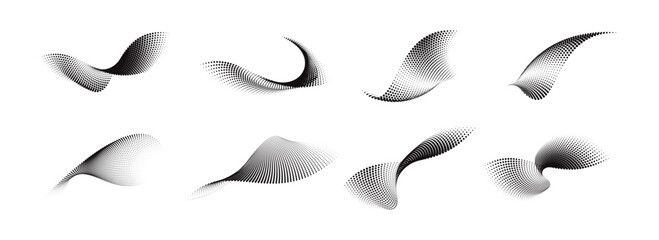 Halftone dot waveforms – abstract curved shapes and twisted gradient textures collection.