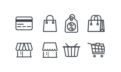 E-commerce and Shopping Icon Set.  Modern Outline Vector Illustrations for Retail, Marketplace, Payment, and Consumer Applications.