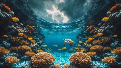 Turtle Swiming in Vibrant Coral Reef Waters with Abundant Fish Life