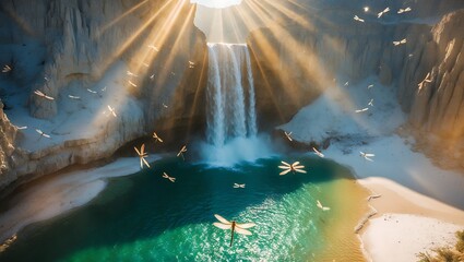 Waterfall Scene with Dragonflies and Sunbeams Over Turquoise Water