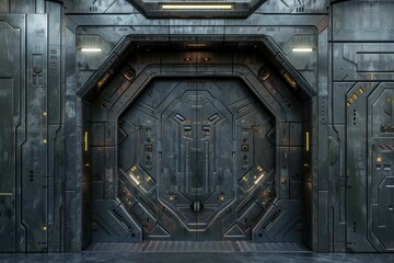 Naklejka na ściany i meble Futuristic metallic gate with glowing lights opening into dark spaceship interior, creating a sense of mystery and adventure