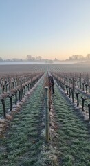 Fototapeta premium Frozen vineyard rows, worker visible