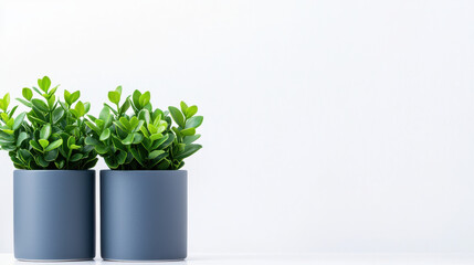Minimalist image of two potted plants on clean surface, showcasing vibrant green leaves in modern containers, creating serene atmosphere