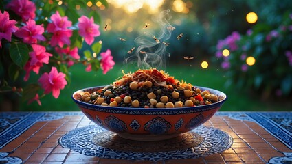 Steaming Bowl of Legumes and Grains on Outdoor Table with Flowers