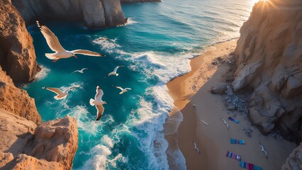 Seagulls Flying Over Turquoise Ocean Water and Beach Near Cliffs