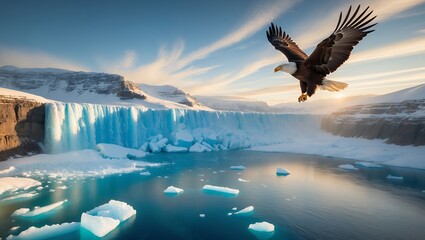 Eagle Flying Over Arctic Landscape with Glacier and Iceberg Pieces