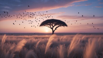 Solitary Tree Silhouette in Golden Grassland at Sunset with Birds Flying
