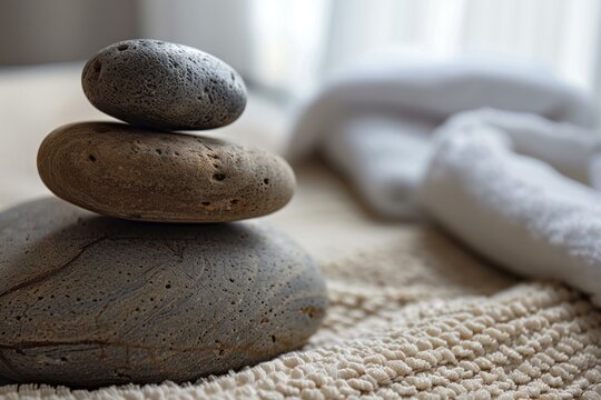 Stacked stones symbolize balance and harmony, creating a serene atmosphere perfect for spa treatments and promoting inner peace