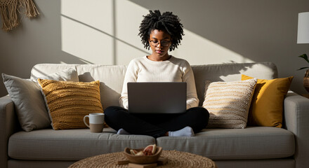 A Black woman works on a laptop in her living room, Relaxed scene of a woman using her computer on the couch
