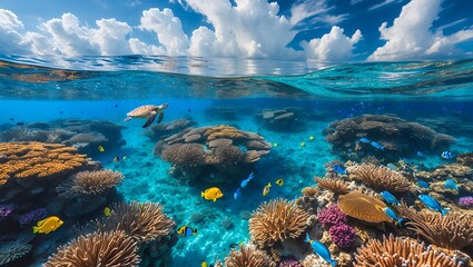 Exploring Underwater Coral Reef Habitat with Turtle and Colorful Fish