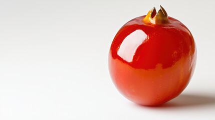Shiny red fruit with smooth surface and small stem on top, showcasing its vibrant color and glossy texture