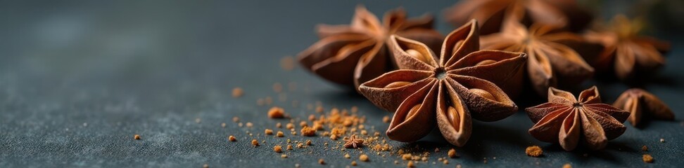 Close-up of aromatic whole star anise spice on dark background , anise, herb, food photography