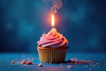 Colorful lit candle animation on cupcake in blue background with flames and smoke effects , sparkles, birthday, cake