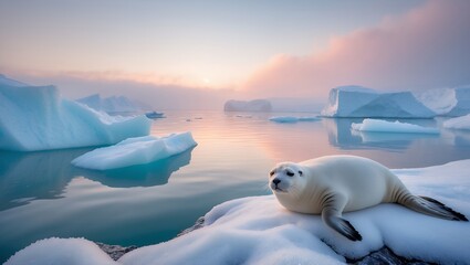 Resting Seal on Iceberg in Arctic Waters at Sunrise Serenity