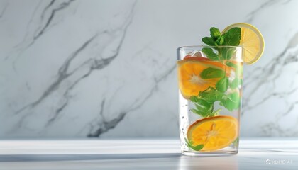 Fototapeta premium Refreshing citrus mint water with lemon and orange slices on marble background with copy space