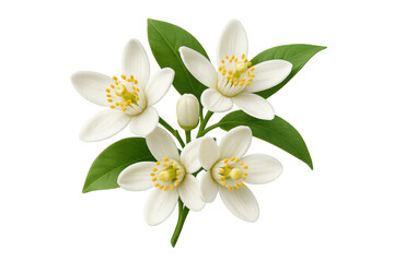 Obraz premium Delicate orange blossoms with vibrant green leaves, rendered in realistic illustration against transparent backdrop