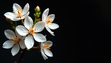 Naklejka premium Delicate white blossoms, gilded foliage, stark black backdrop, elegant, photography