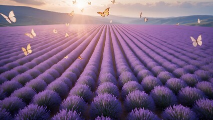 Lavender Field at Sunset with Butterflies Creating a Serene Landscape