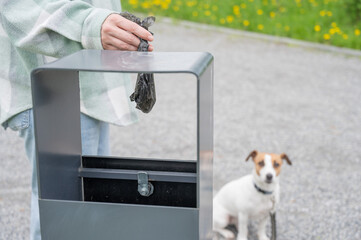 Responsible Dog Owner Disposing of Waste in Park Bin. 