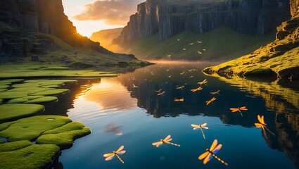 Dragonflies Flying Over Calm Lake Surrounded by Mountains at Sunset