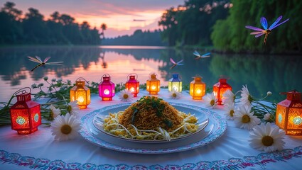 Noodles on Plate with Lanterns and Dragonflies at Lakeside Evening